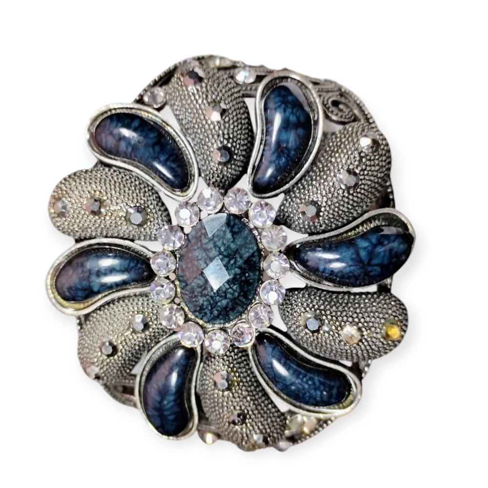 Vintage Silver Floral Cuff Bracelet Blue Cabochons - Picture 3 of 17